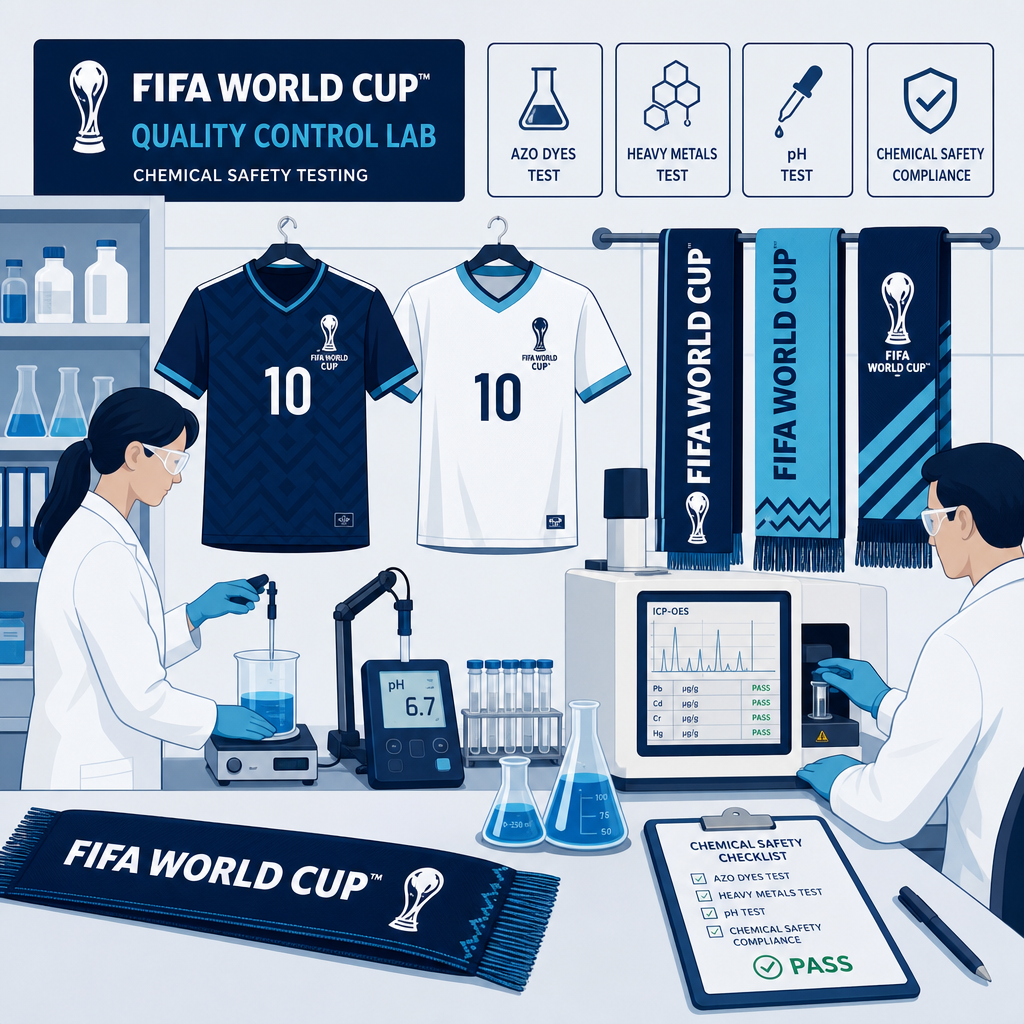 World Cup merchandise chemical compliance testing illustration