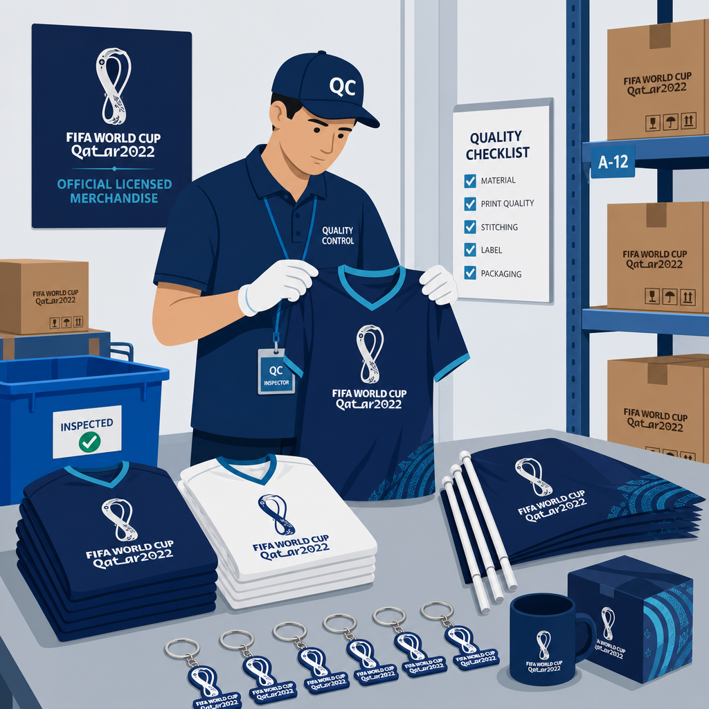 Quality control inspector checking World Cup merchandise at inspection table