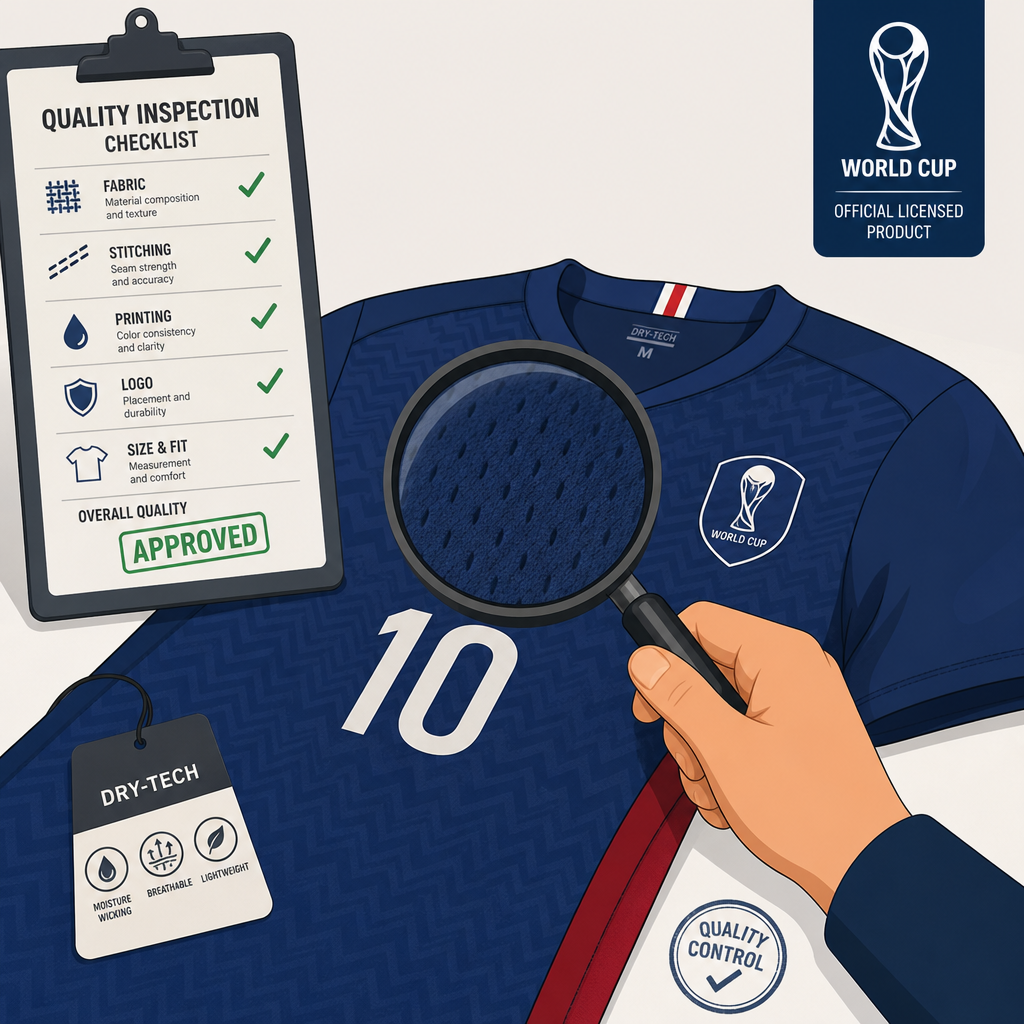 World Cup merchandise fabric quality inspection with magnifying glass