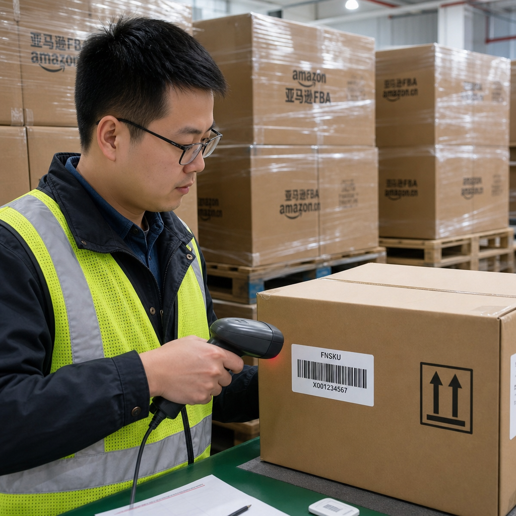 Amazon FBA inspection China - inspector scanning FNSKU barcodes at a Chinese factory