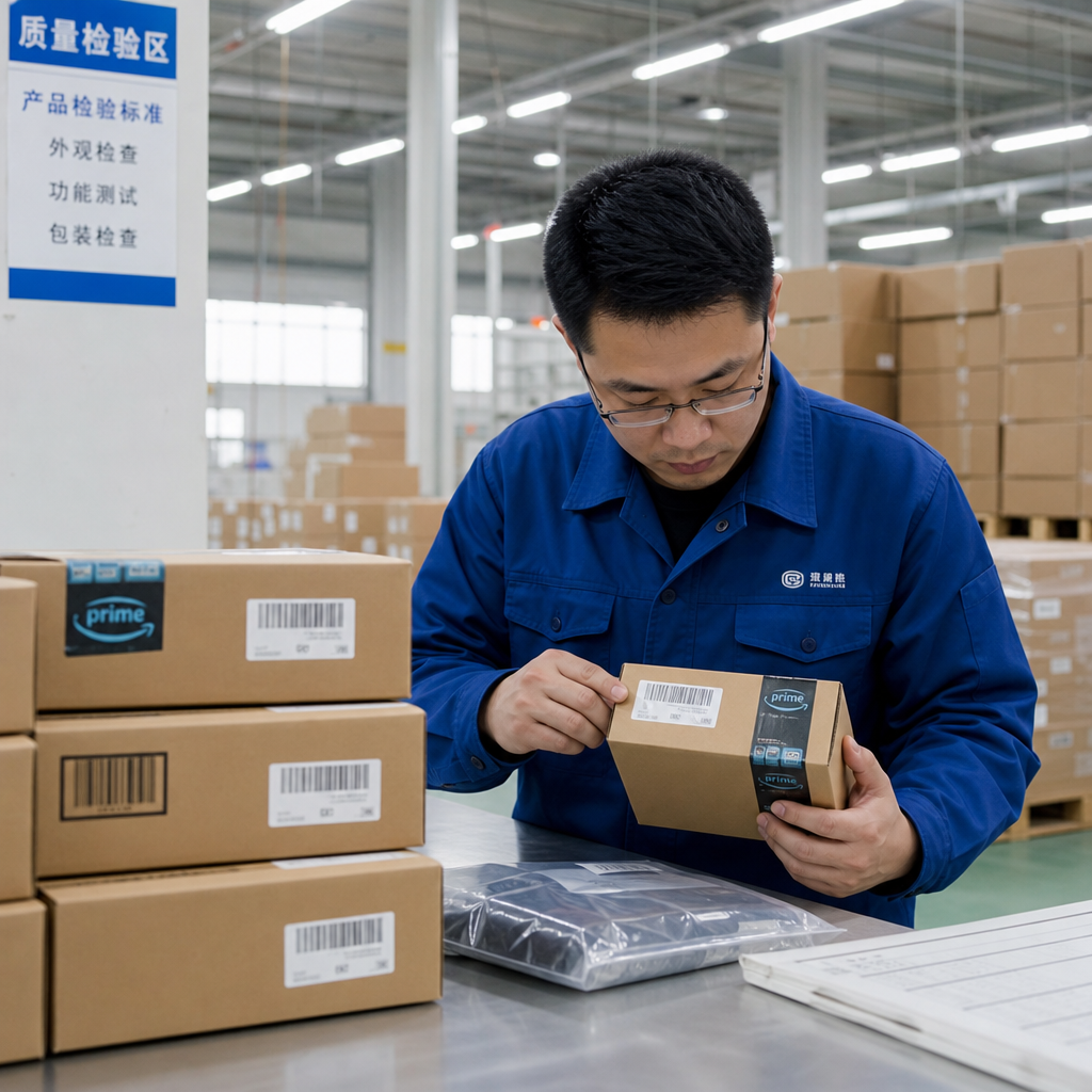Amazon FBA product inspection China - inspector checking FNSKU labels and packaging quality