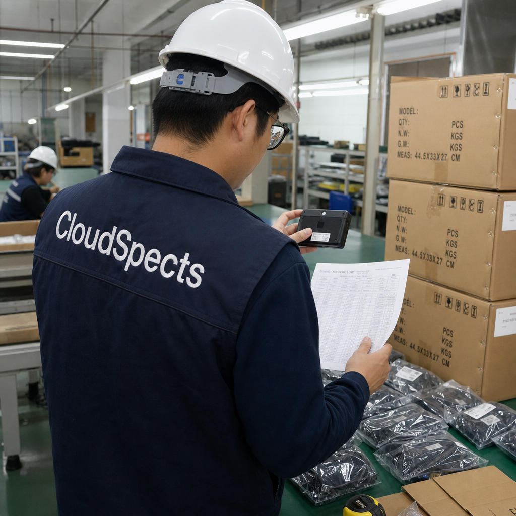 CloudSpects inspector checking a unit serial number against a packing list at a factory bench
