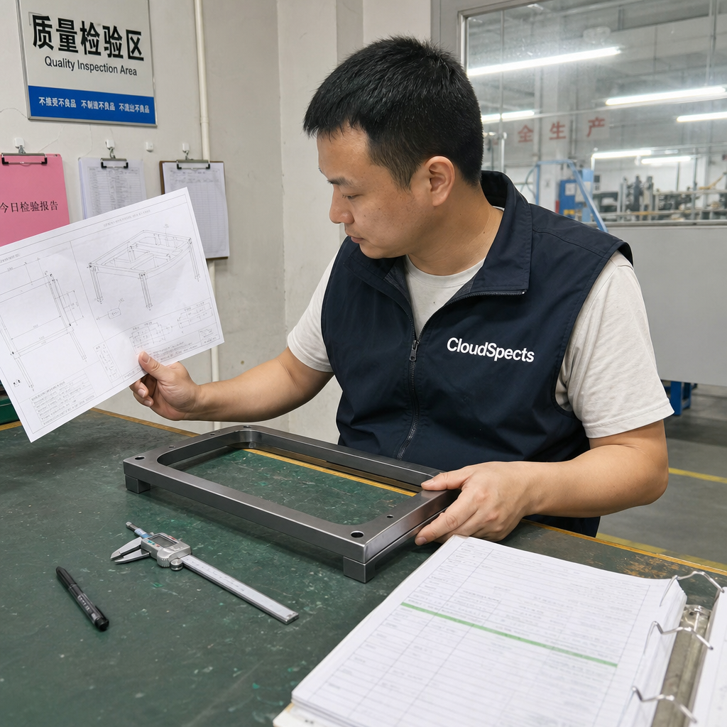 CloudSpects inspector comparing a technical drawing against a metal part on a factory bench