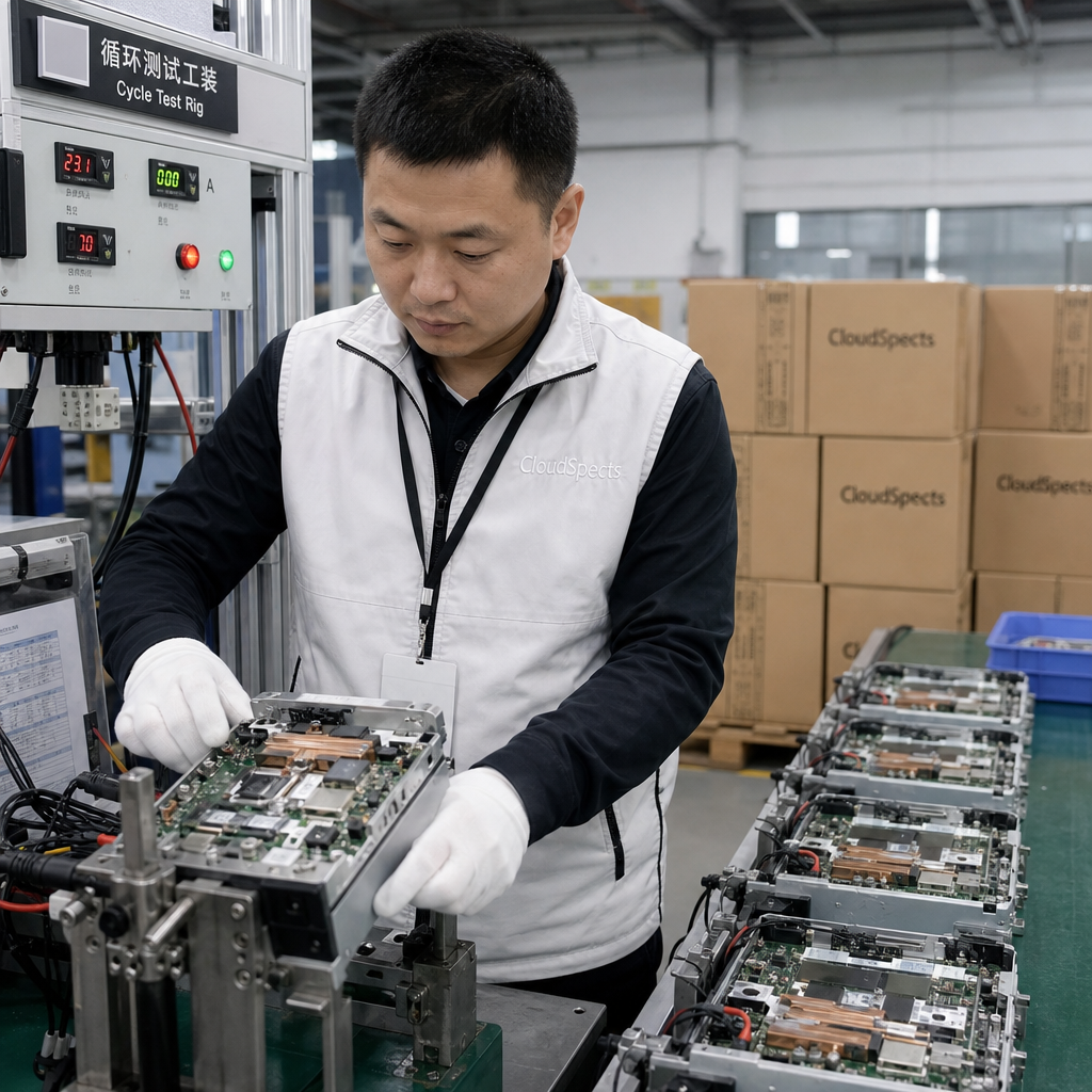CloudSpects inspector at a test bench with a cycle-test rig and consumed test units