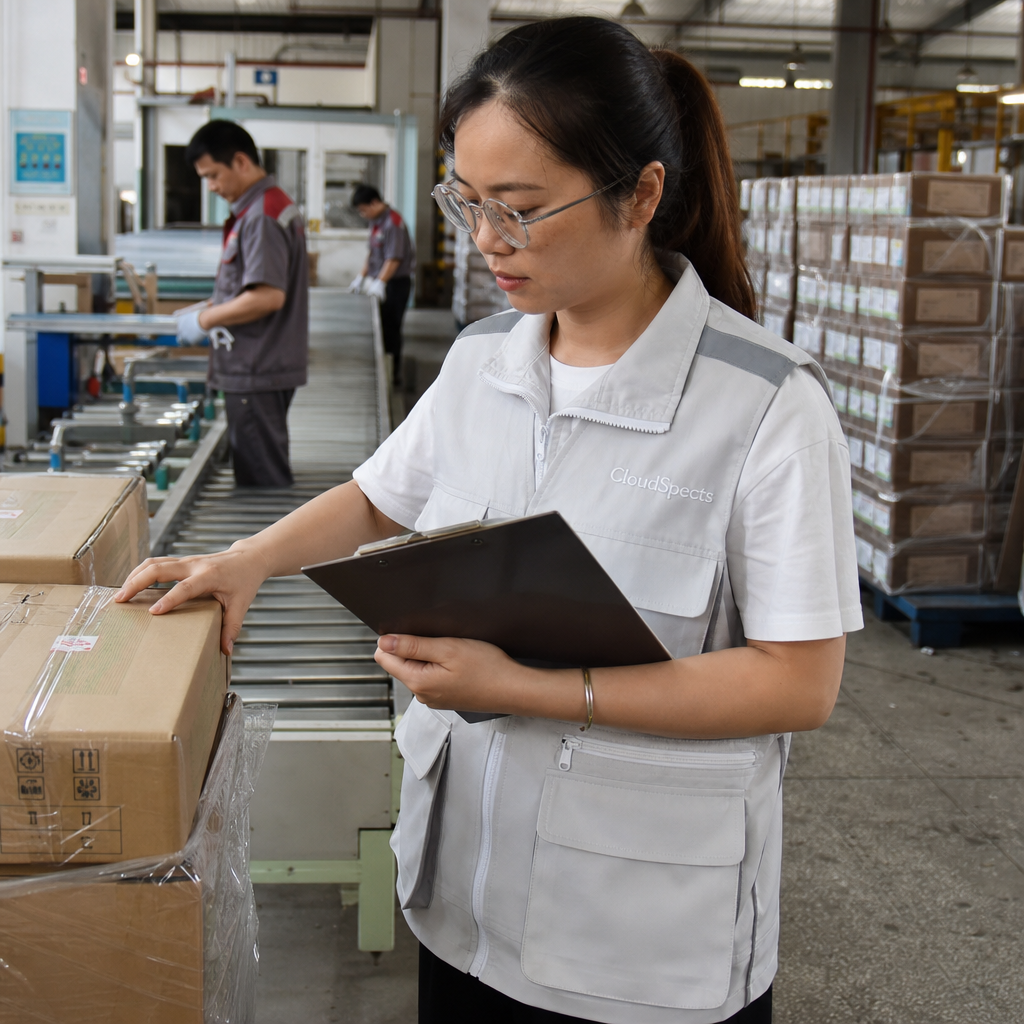 CloudSpects inspector checking the last cartons on a pallet at the end of a factory production line