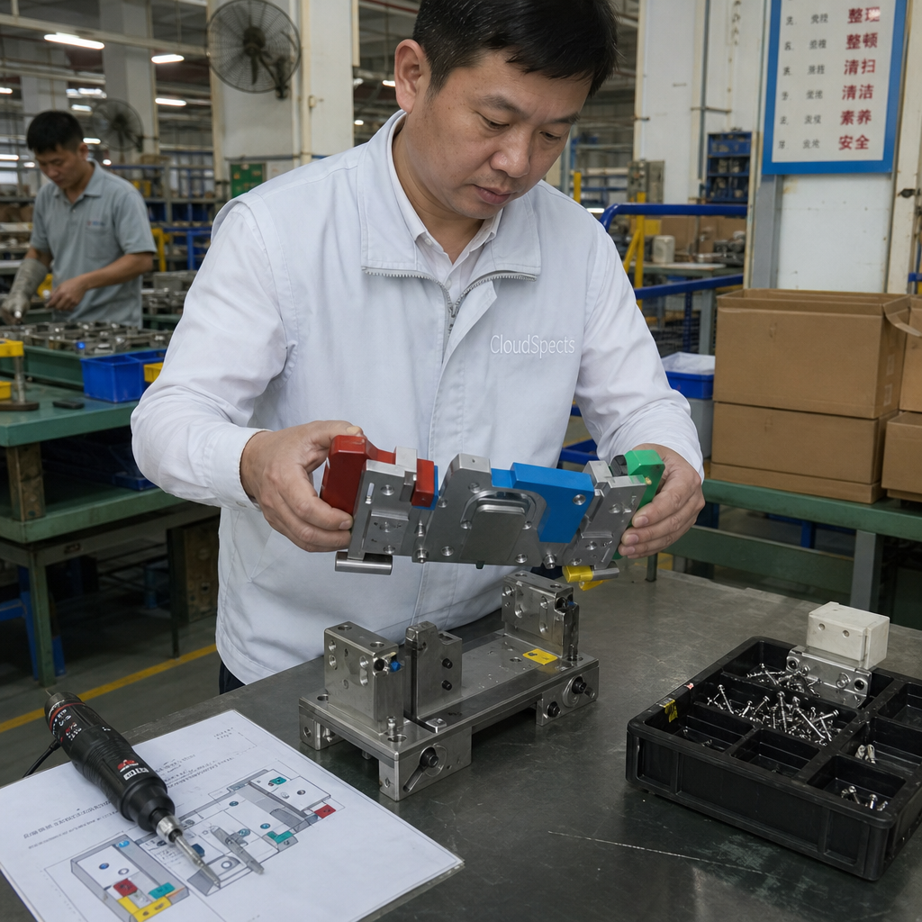 Chinese inspector in a white CloudSpects vest holding an asymmetric locating jig at an assembly workbench in a factory workshop